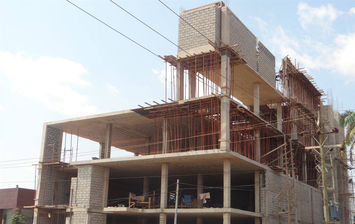 Multi-storey reinforced concrete building frame under construction